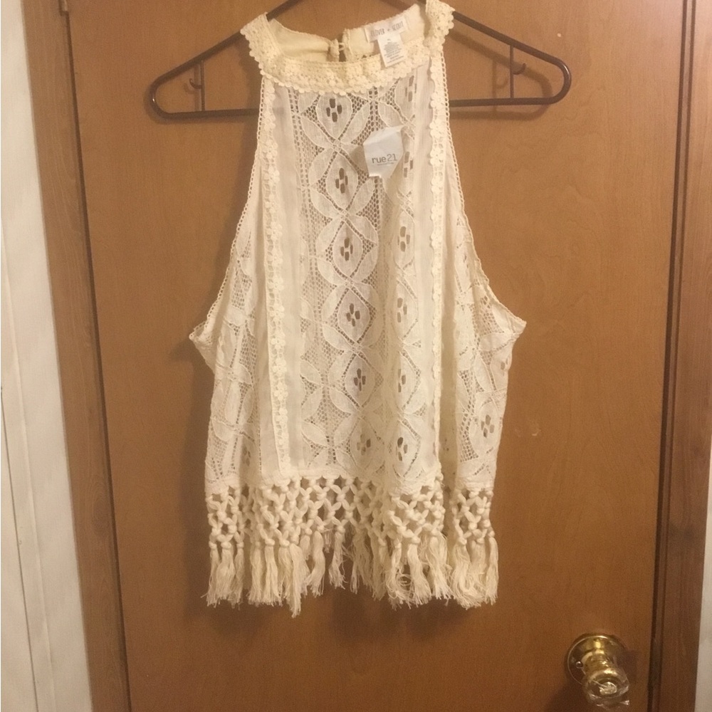 Rue21 Bohemian Crochet Lace Tassel Rope Mock Neck Sleeveless Halter Tank Top XL